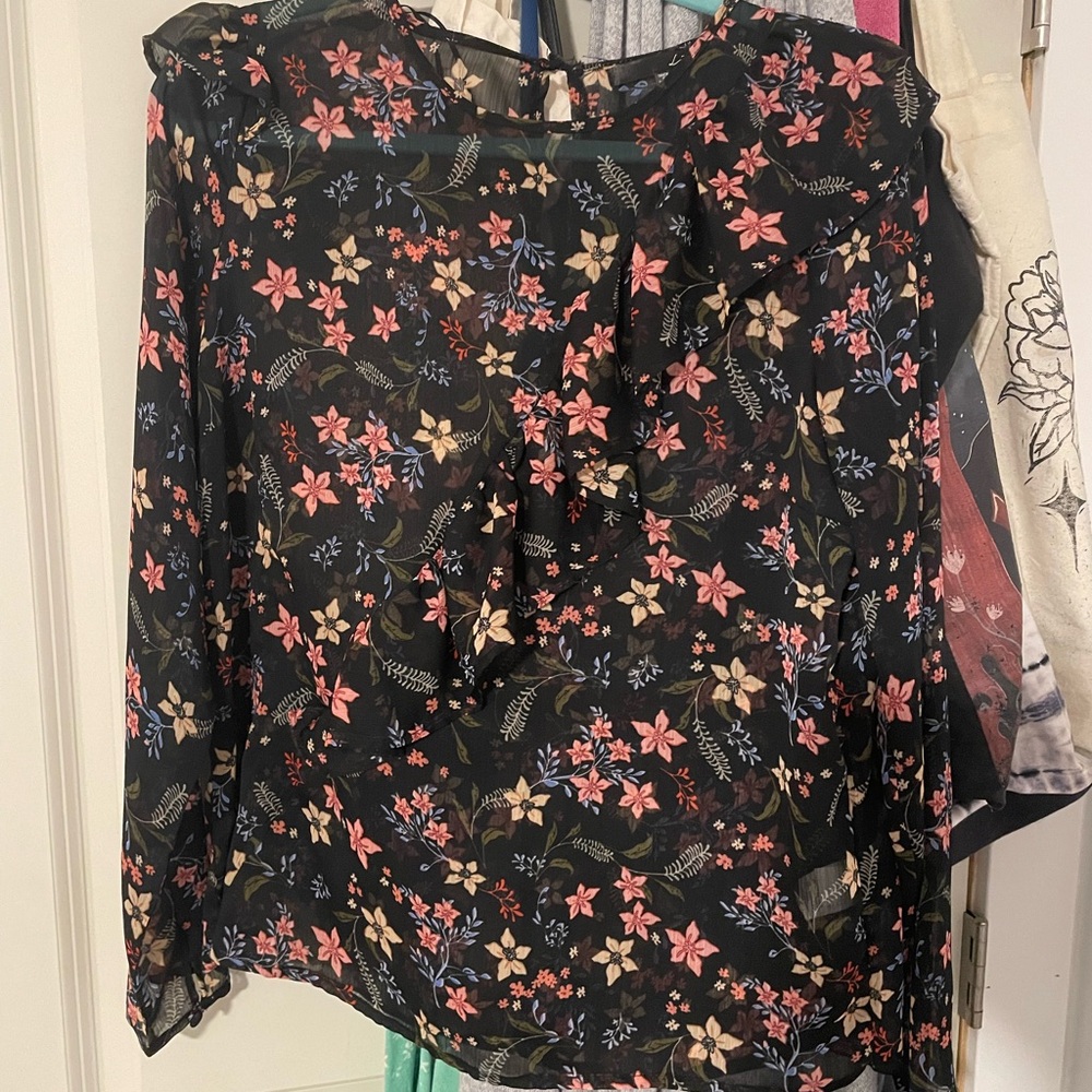 Black Floral Ruffle Blouse Vintage Inspired Sheer Romantic Boho Top